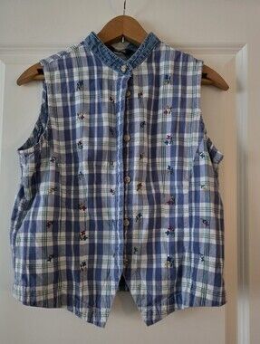 Vintage 90s Plaid Embroidered Sleeveless Button Up Denim Trim Womens S Krazy Kat